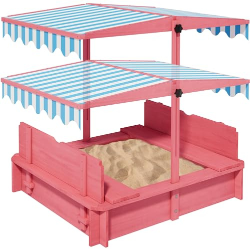 SYESWAY Sandbox with Lid & Cover, Wooden Kids Outdoor Sand Box with Height-Adjustable UV-Resistant Canopy, 2 Foldable Bench Seats & Bottom Liner, 43x43 Inch, Perfect for Backyard, Beach, Garden Play