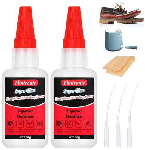 Flintronic Superlim, 2 flaskor, 50 g superlim universellt, omedelbart lim med mikrolimspetsar, oljelim, transparent lim på skor, för keramik, trä