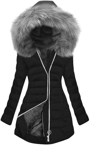 Générique Doudoune Femme Hiver à Capuche Épaisse Chaude Décontractée avec Fermeture Zippée Col Amovible Imitation Fourrure Manteau Long Élégant Léger pour Bureau Sortie Quotidienne