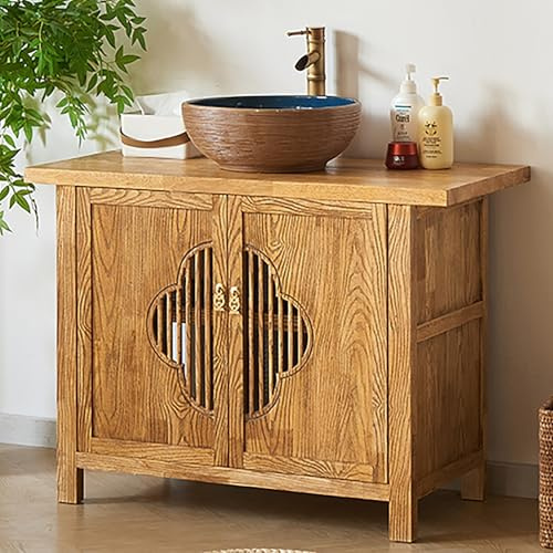 ZKBDBWTR Muebles Baño con Lavabo de Madera Maciza con Lavabo, Mueble de Suelo Clásico de Estilo Chino con Doble Puerta para Baño y Tocador(90cm/35.4in)