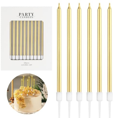 24 Pezzi Candele di Compleanno dorato, Candele Lunghe con Supporto,Candele di Perle con Effetto per Decorazioni Torta,Decorazioni Eleganti per Feste di Compleanno per Ragazze,per Party a Tema