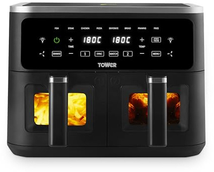 Tower Vortx Vizion 9L Dual Basket Air Fryer with Digital Control Panel, 8 Cooking Pre-sets, Sync Function & Match Cook Function, Shake Reminder, 2400W, Black, T17177