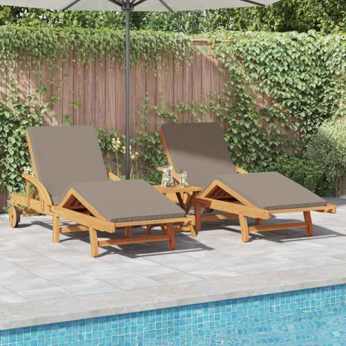 Mokuyary Set di 3 lettini prendisole in legno massiccio, con schienale e poggiapiedi, regolabili, con ruote, per giardino, balcone, terrazza, campeggio, piscina