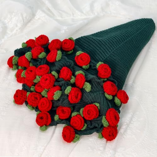 SoffMoiis Crochet Rose Flower Bouquet Blanket, Handmade Throw Blankets, Romantic Gift for Friend Birthday, Valentine, Wedding Anniversary, Mother's Day (Green red Rose, 39 inches)