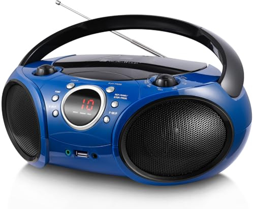 SINGING WOOD 030B Bärbar CD-spelare Boombox med Bluetooth för hem AM FM stereoradio, Aux Line in, hörlursuttag, AC eller batteridriven (stjärnljusblå)