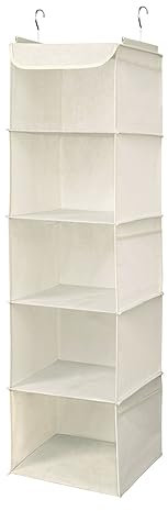 BrilliantJo Hanging Storage with 5 Shelves Wardrobe Closet Organiser, Storage Shelves Unit with 6 Pockets for Clothes - Beige(30 x 30 x 108cm)