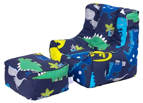 Ready Steady Bed Kinder Sitzsack mit Fußhocker |weicher und sicherer Sitz zum Spielen für Ihr Kind | Ergonomisch gestalteter Kleinkind Sessel | Comfy Kindermöbel (Dino Dunkel)