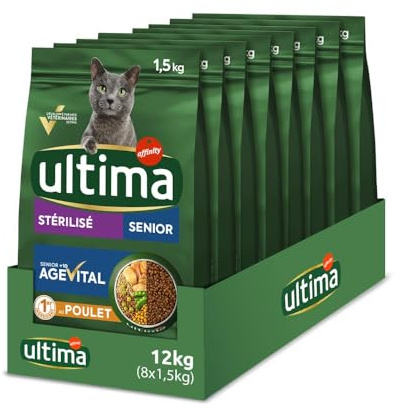 Ultima Croquettes pour Chat Sterilise - 10 Ans avec du Poulet - Pack 8 x 1,5kg