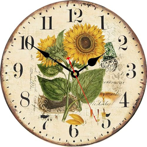 TAHEAT 30 cm Vintage Girasole Orologio da Parete, Rustico Floreale Silenzioso Senza Ticchettio Orologi, Legno Shabby Chic Fiori per Cucina/Soggiorno/Camera da letto/Bagno