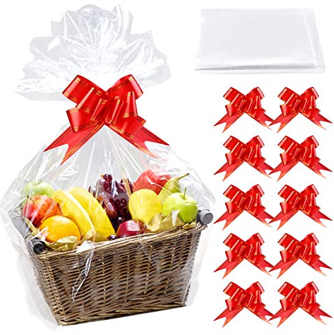 10 Stück Transparenter Geschenkpapier, Vegena Klares Cellophan Geschenkfolie 70x100cm, Cellophantüten Groß Mit 10 Zugschleifen für Geschenke Körbe, Blumen, Kunsthandwerk, Bastelkorb