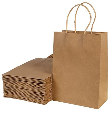 BESCOST Papiertüten, 40 Stück Geschenktüten, Kraftpapiertüten mit Henkel, 15 x 8 x 21 cm, Geschenktüten für Einkaufen, Hochzeiten, Verpackungen, Partys, Geburtstag, Weihnachten, 130 g/m², Braun