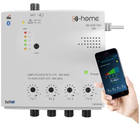 D-Home - Amplificateur TV TNT Intérieur 4 Sorties 26dB Connecté Filtré 4G-5G - Fonctionne avec App Mobile TV Finder pour Trouver le Meilleur Signal Disponible. Pour Toute Antenne