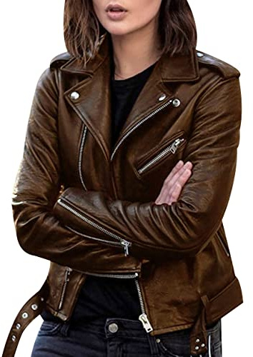 Chaqueta Motorista Mujer Biker Faux Leather Jacket Women Chaqueta Simil Cuero Sintetico Corta Mujer Chaqueta Piel Sintetica Cuero Moto Chaquetas Biker Mujer Pu Jacket Women Talla Grande Marrón M