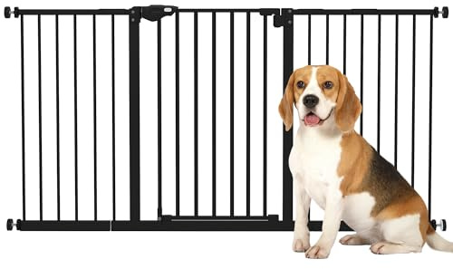 PawHut Barrière de sécurité Animaux 74-148 x 76,2 cm avec Porte Fermeture Automatique système de Double Verrouillage sans perçage avec 3 Extensions Noir