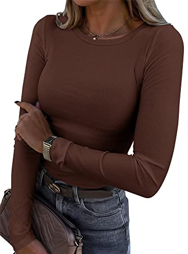 Smile Fish Womens Long Sleeve Stretch Crewneck Ribbed T-Shirt Fitted Casual Basic Tops, Brown XL