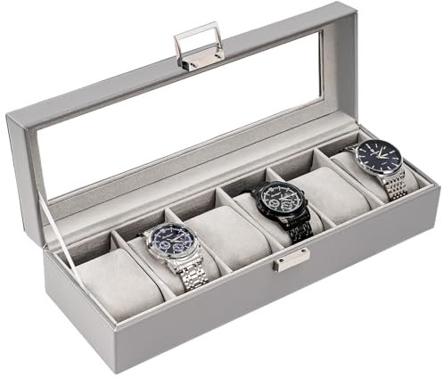 ProCase Watch Box for Men, 6 Slot Watch Display Case Mens Watch Box Organizer, Watch Cases for Men Watch Storage, Watch Holder Organizer with Glass Lid -6 Slot, Grey