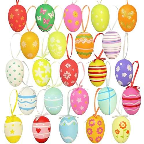 NOZVYCI 24 Stück Ostereier zum Aufhängen, 6 cm Ostereier Plastik Groß Ostereier zum Aufhängen Ostereier Kinder Ostern Basteln Deko Plastikeier Bunt mit Seidenband für die Osterdekoration