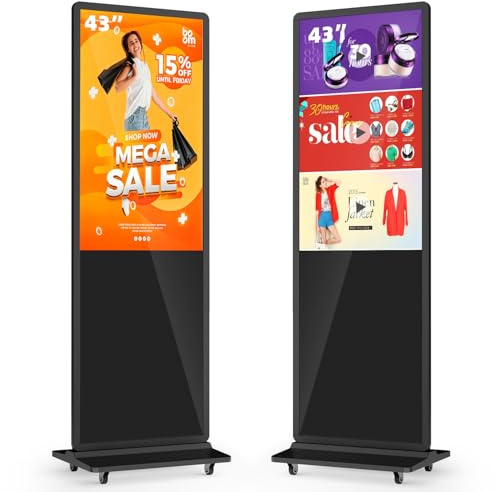 MWE 43 Pollici Monitor Pubblicitario con 4 Ruote, LCD Interattive Digitale Display, Android System, Adatto per Negozio al Dettaglio, Ristorante, Centro Commerciale, Nero