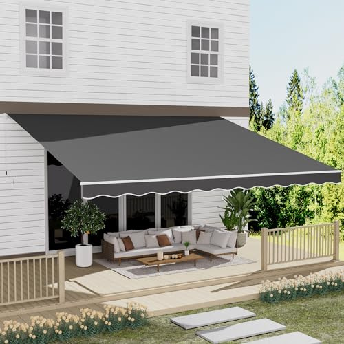 GDPFN 13' x 10' Awning for Patio, Sunsetter Retractable Awning Waterproof Cover Outdoor Patio Canopy, Sun Shade with Manual Crank Handle, Porch Shades for Outdoor, House, Deck, Dark Gray