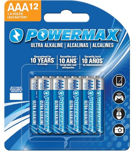 Powermax 12-Count Triple AAA Batteries, Ultra Long Lasting Alkaline Battery Blister Pack, 10-Year Shelf Life