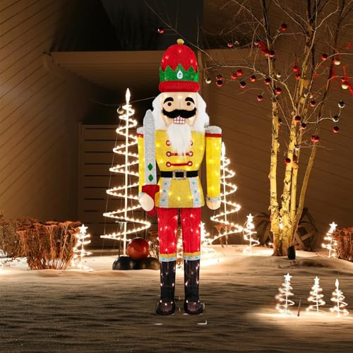 COSTWAY Julnötknäpparfigur stor, belyst juldekoration XXL, julfigur med metallbas och LED-lampor, juldekoration, julbelysning för utomhus och inomhus