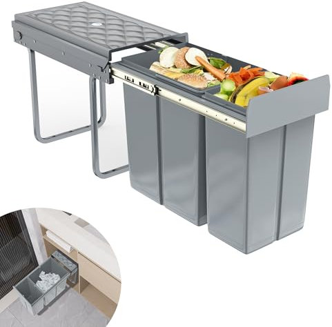 Suusolny Poubelle encastrable de 1 x 20 l + 1 x 10 l - Système de tri sélectif extensible - Poubelle de placard - Anti-odeurs - Accès confortable pour la cuisine - Gris - 48 x 26 x 42 cm