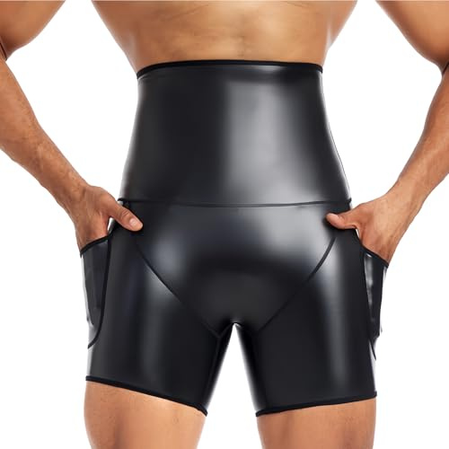 Slim Fit Hot Pantalones Cortos Wetlook Deportes Vientre Ropa Interior Funcional Control Abdominal Ropa Interior de los Hombres PU Bolsillos de Cuero L