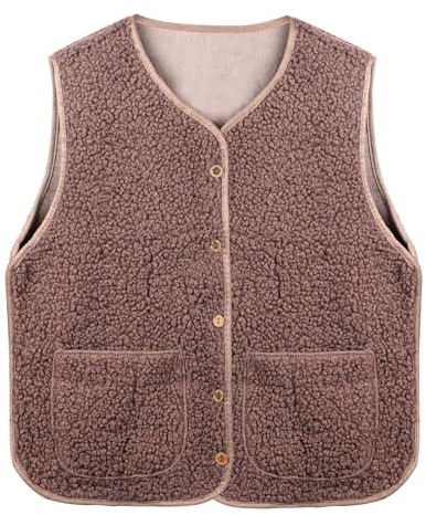 Risipu Women's Sherpa Vest Casual Warm Fuzzy Faux Shearling Vest Sleeveless Fleece Jacket Pockets Teddy Coat Gilet for Winter