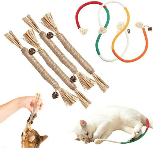 Laralily Katzenminze Spielzeug 4 Stück Katzenminze Stick Katzenspielzeug mit Katzenminze Katzen Sticks Geeignet für die Zahnpflege Bei Katzen Stress Abbauen mit 2 Stück Kauseilen.