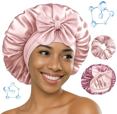 BONNET QUEEN Bonnet de Nuit en Satin Double Couche, Protection Anti-Frisottis, Réversible et Ajustable, Enrichi en Acide Hyaluronique, pour Cheveux Bouclés,Crème Rose & Or Rose