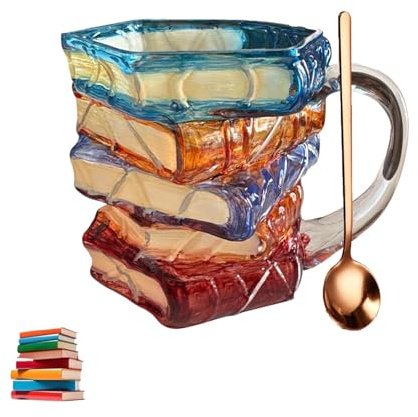 TMEEIHNSS Painted Book Mug for Women Book Lovers - Heat-Resistant Borosilicate Glass Coffee Tumbler with Hand-Painted Design, 11oz Cool Funny Bookish Cup (1+spoon)