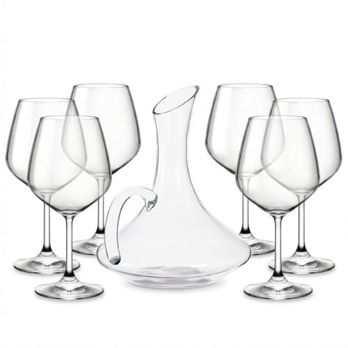 Set Decanter Vino 1500ml in Vetro con Manico e 6 Bicchieri Degustazione 530ml Trasparente, Caraffa Elegante e Calici Professionali per Vino Rosso, Kit Completo per Casa e Ristorante