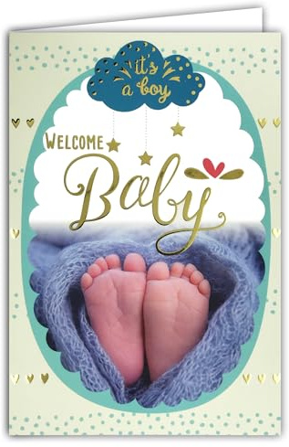 66-1156 Carte Félicitations aux Parents Heureux - Bienvenu Bébé Garçon - Bleu Or Doré Pieds nus Nuages étoiles Cœurs Mignon - Fabriquée en France