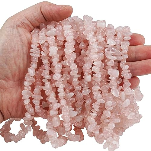 favoramulet 5-8mm Rose Quartz Tumbled Stone Chip Beads for Jewelry Making, Irregular Shaped Healing Crystal Loose Bead Supply, Pack of 2 Strands(64 inches)