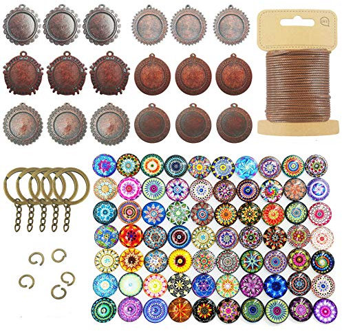 DUGYIRS 18 Stück Rund Anhänger Tablett Lünette aus Holz mit 70 Stück Mandala Glas Cabochon Retro Glaskuppel Bastelset für DIY Souvenir Halskette Geschenk die Schmuckherstellung Dekoration