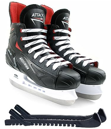 Botas - Attack 191 - Pattini da Hockey su Ghiaccio Uomo | Made in Europe (Repubblica Ceca) | Colore: Nero/Rosso/Bianco, Bundle 4.5 Uomo con Protezioni Skate