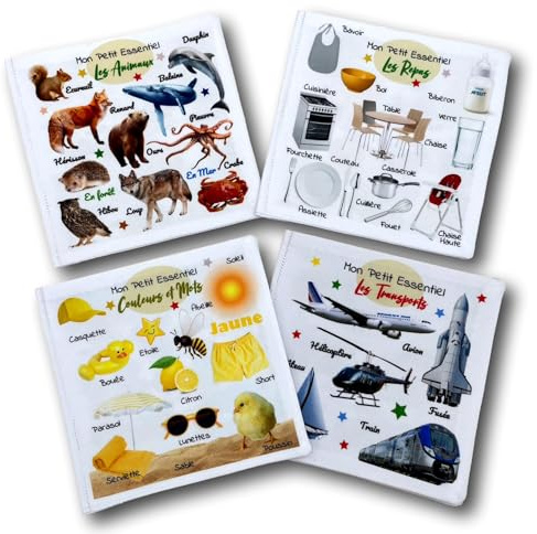 Lot de 4 Petits Livres d'éveil éducatifs en tissu imagier photo gamme Petit Essentiel, thème Animaux, Transports, Repas, Couleurs