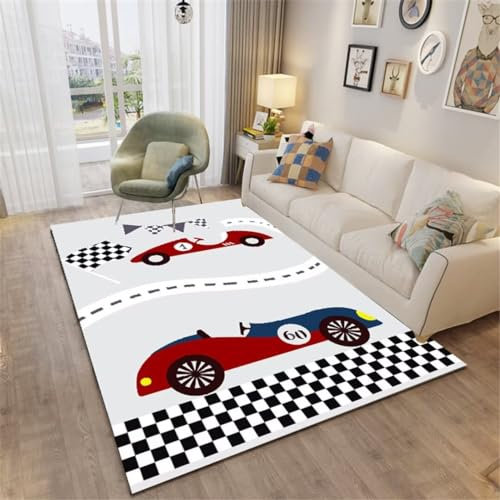 GX-YJX Dekoration für Kinderzimmer, Cartoon, Auto, Teppich, schwarz, rot, 140 x 160 cm