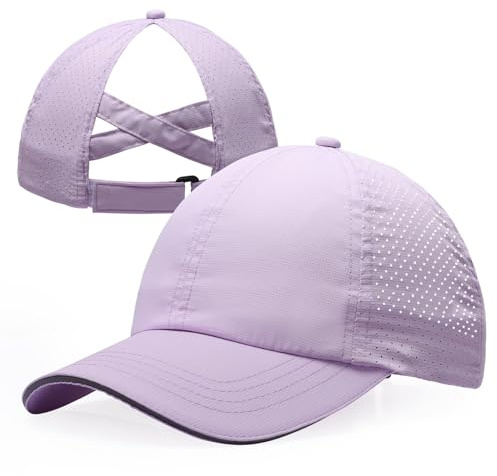 CHUANGLI Girls Criss Cross Ponytail Hat Reflective Lightweight Baseball Cap for Kids Quick Drying Mesh Sports Hat for Age 7-12 Purple