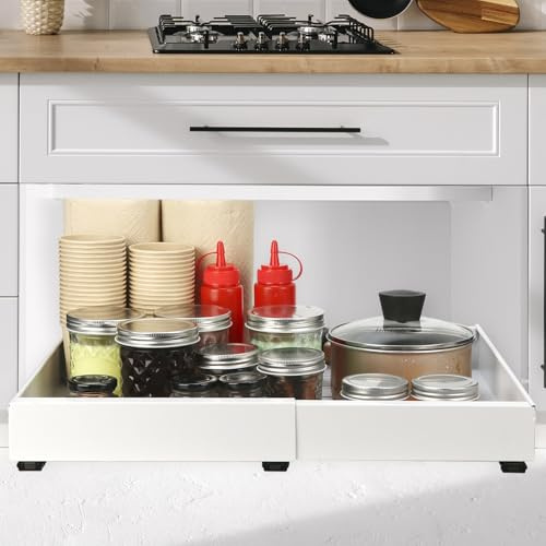 QWORK® cajon telescopico, se expande de 32 cm a 52 cm, blanco, para almacenamiento de cocina y baño, sin perforaciones, acero al carbono