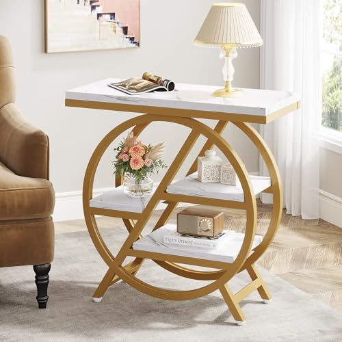 Tribesigns Table d'appoint à 3 Niveaux en Imitation marbre avec Rangement,d'appoint étroite en Bois avec Cadre géométrique en métal, Table de Chevet Moderne pour Salon