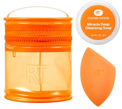 Real Techniques Miracle Blend + Cleanse 3 Piece Set, Makeup Sponge For Blending Foundation & Solid Soap For Deep Cleaning Sponges, Includes Travel Storage Tote, Cruelty-Free, & Latex-Free