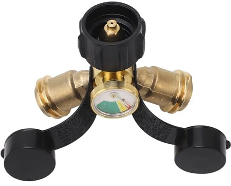 Tank Splitter 2 Way, Y Splitter Brass POL to Qcc1 Y Type Splitter with Gauge Splitter 2 Way with Shut Off Valve for Barbecue Grill Heaters