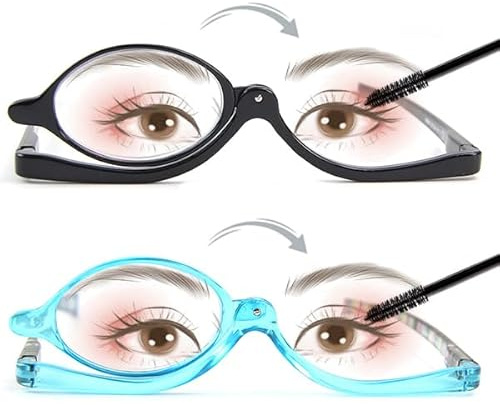 Bencaley 2 Pairs Makeup Reading Glasses for Women, Magnifying Flip Down Cosmetic Readers, Make Up Glasses with Spring Hinge +1.00 Black & Blue