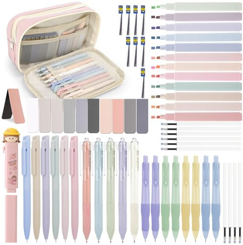 Vyuwast 61 Stück Schreibwaren Set mit Federmäppchen Rosa - Druckbleistifte, Textmarker, Gelschreiber, Inkl, Radiergummis, Lesezeichen für Schule Studium Büro Schreibset