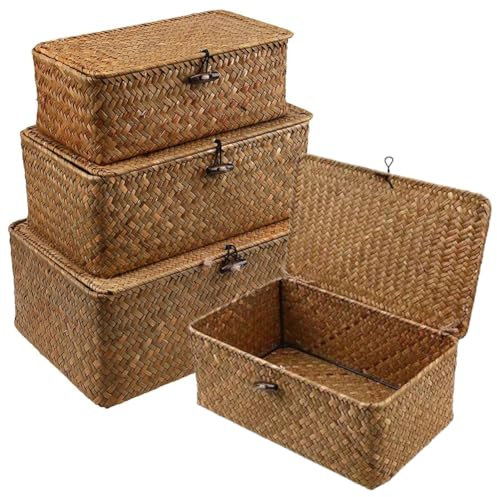 Cesto portaoggetti in rattan con coperchio, 3 pezzi, in erba naturale di mare, multifunzionale, cesti intrecciati (B)