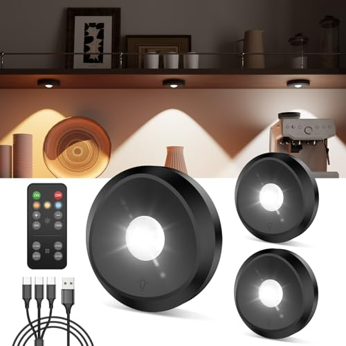 Faretto LED Ricaricabile USB con Telecomando, Batteria da 2400mAh Luci LED Vetrina Senza Fili Luce Armadio Adesive Faretti Cucina Sottopensile Magnetica Lampada Notturne Touch per Sotto Mensola Nero