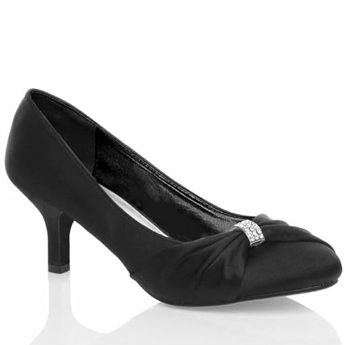 Women’s Satin Low Kitten Heel Court Shoes – Diamante Buckle Bridal Bridesmaid Prom Party Heels for Wedding- UK Sizes 3-8