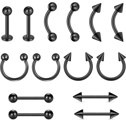 MODRSA Sopracciglio-Barba Labbro-Bar Setto Nasale Piercing Lingua: 14 Pezzi 16G Acciaio Chirurgico Barbell Curvo Anello Labbro Piercing Tragus Nero