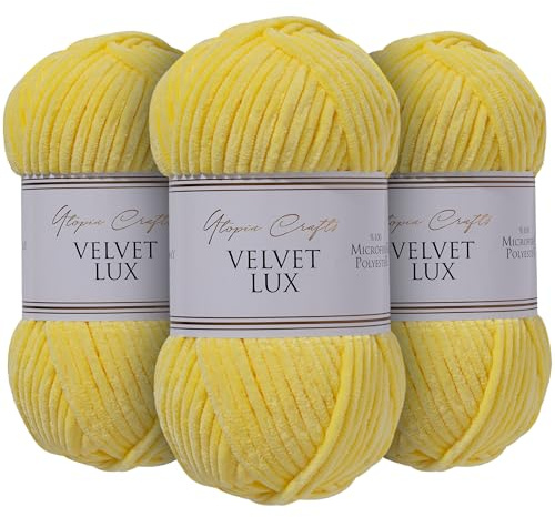 Utopia Crafts Velvet Lux Chenille Super Soft Chunky Yarn for Knitting and Crochet 3X 100g (Sun Yellow)